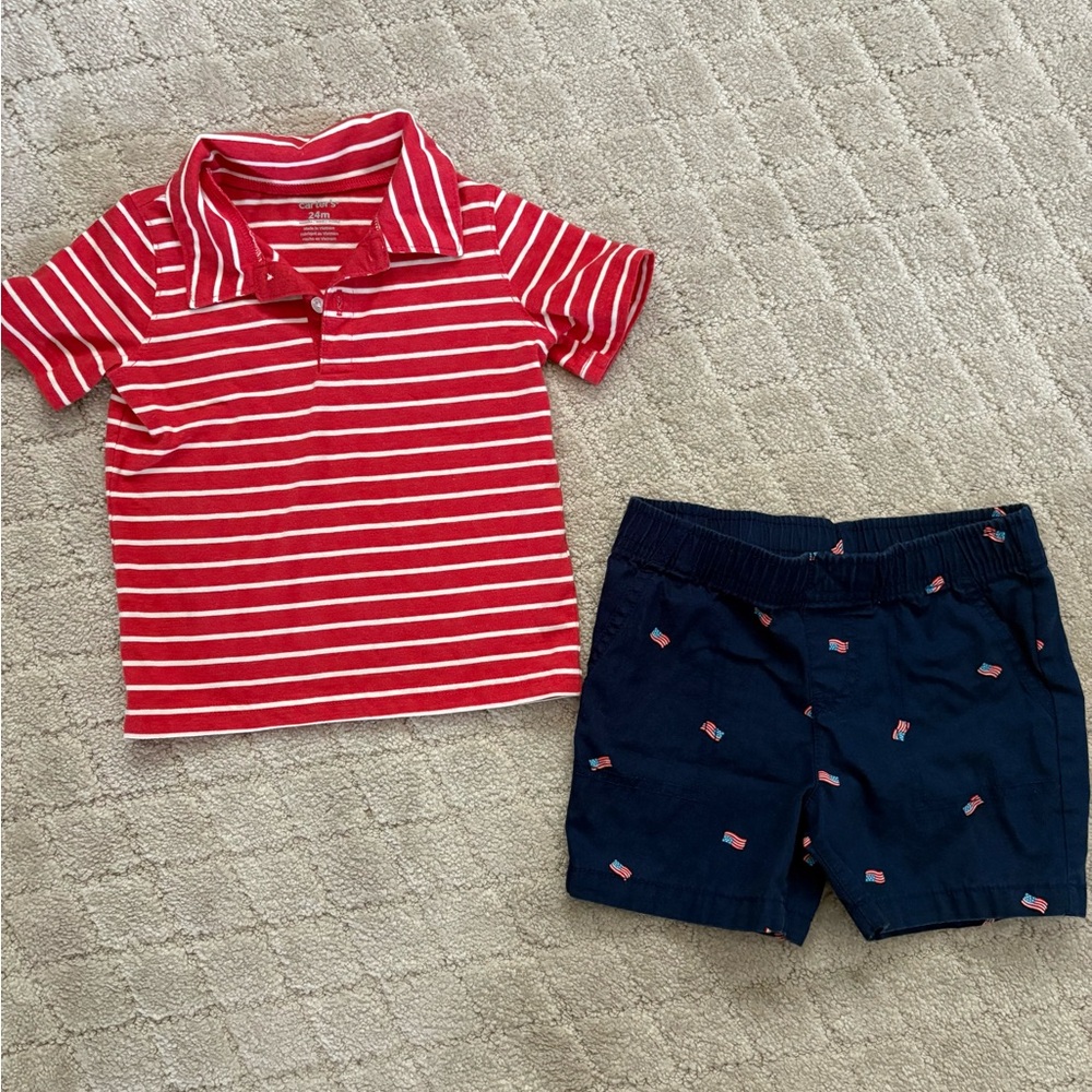 Carter's Red and White Striped Polo With Flag Shorts